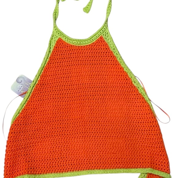 NWOT CROCHETED BRIGHT ORANGE AND NEON GREEN HALTER TOP FESTIVAL BEACH BOHO - Picture 3 of 4